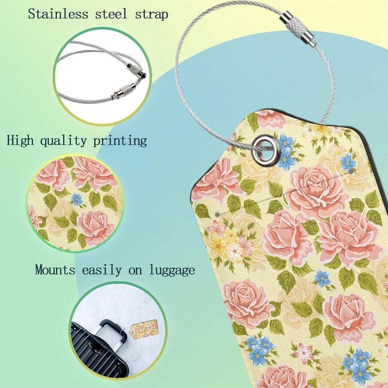 SKYDAWNY Pink Rose Luggage Tag,Flowers Retro Luggage Tags of Set 2 Leather Identifiers Privacy Cover with Stainless Steel Loop for Women Men Travel Bag Suitcase - Image 4